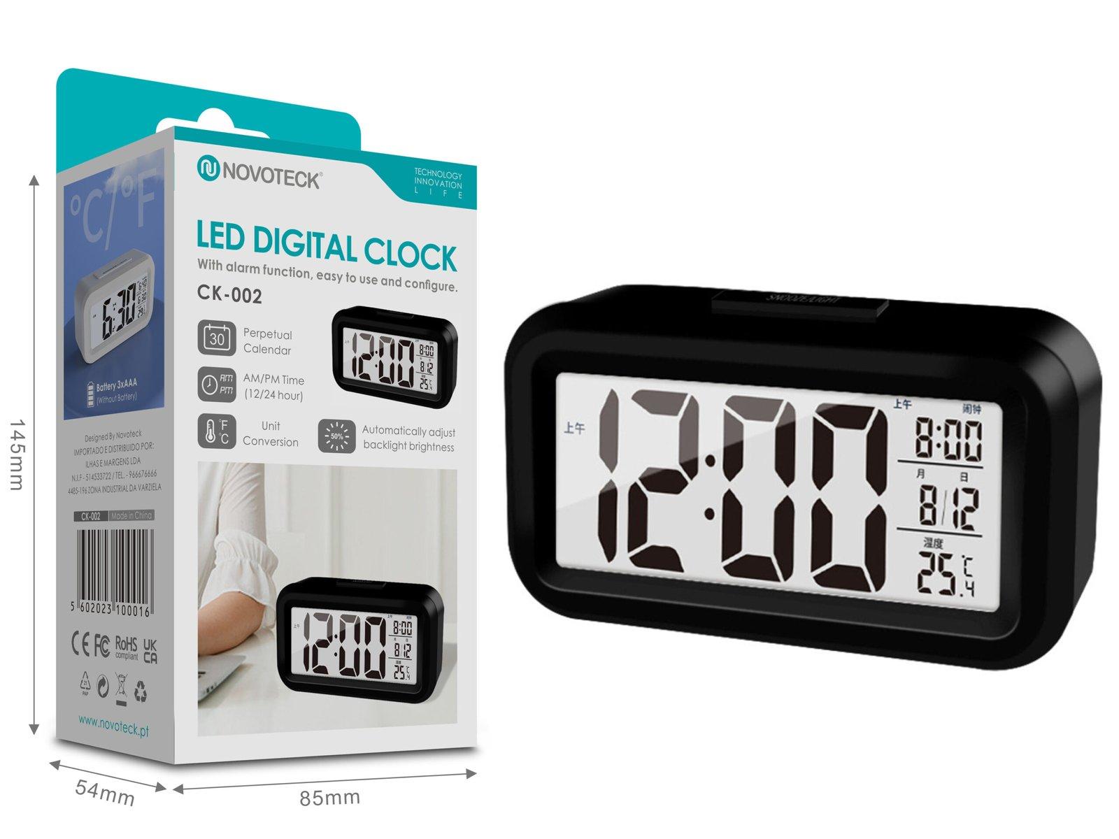 Relógio Digital LED NOVOTECK CK-002 Negro com Calendário, Alarme e Indicador de Temperatura