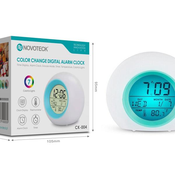 Relógio Despertador Digital com Mudança de Cor NOVOTECK CK-004 - Alarme, Termômetro e Luzes Coloridas