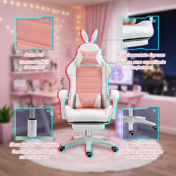 Cadeira Gaming Giratória de Couro PU com Altura Ajustável Inclinável 135° Apoio para a Cabeça 65x63x136 - 142 cm Rosa e Preto