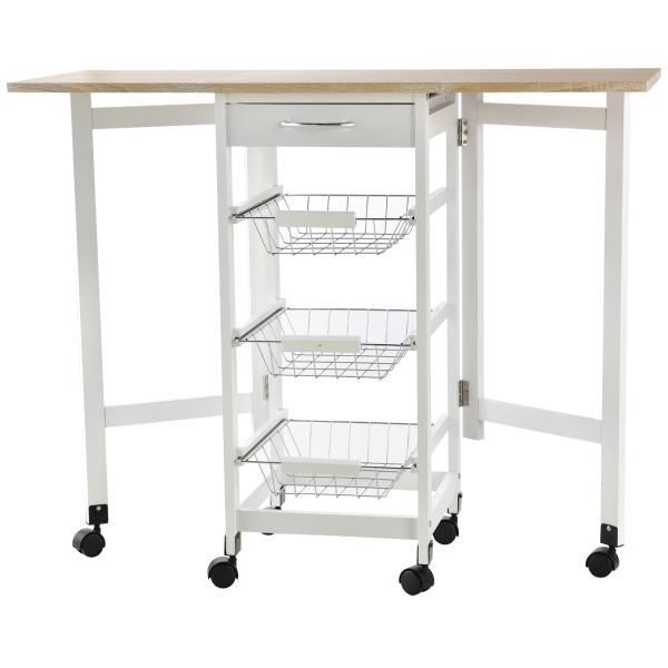 Carrinho de Cozinha Dobrável Carrinho Auxiliar com Rodas 1 Gaveta e 3 Cestos de Metal 97,2x37x77,5 cm Branco e Madeira
