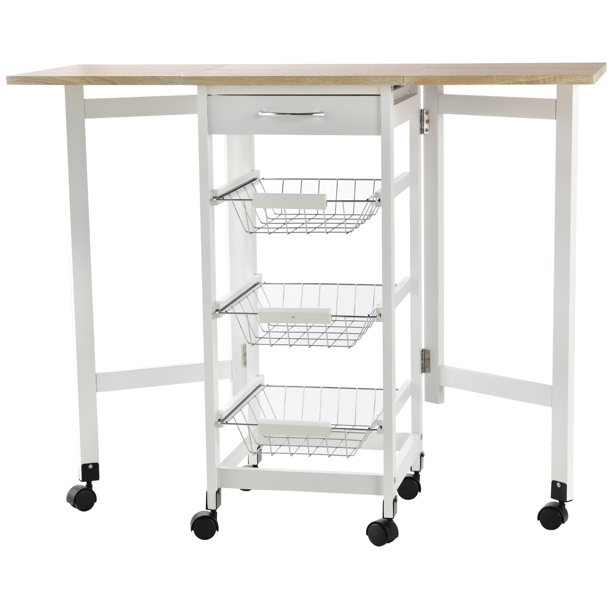 Carrinho de Cozinha Dobrável Carrinho Auxiliar com Rodas 1 Gaveta e 3 Cestos de Metal 97,2x37x77,5 cm Branco e Madeira