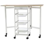 Carrinho de Cozinha Dobrável Carrinho Auxiliar com Rodas 1 Gaveta e 3 Cestos de Metal 97,2x37x77,5 cm Branco e Madeira