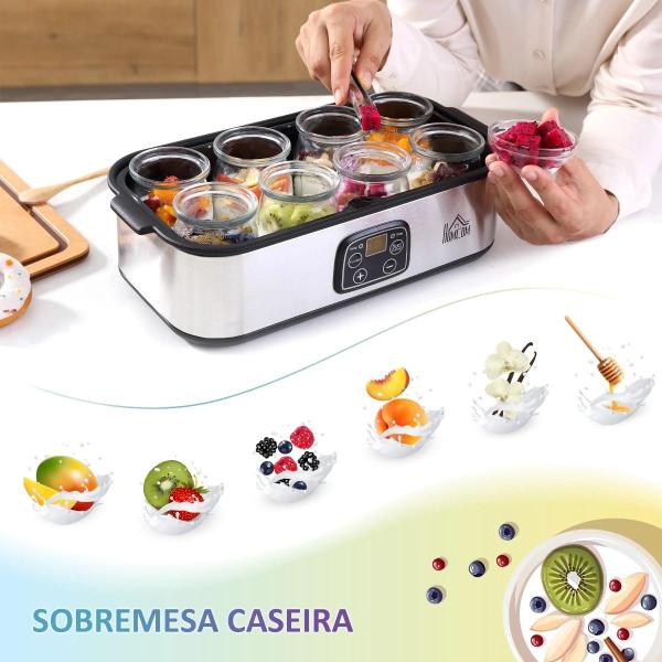 Iogurteira 30W Volume 1,44L com 8 Frascos de Cristal de 180ml Termostato Ajustável Temporizador de 1 - 48 Horas e Desligado Automático 36x18,8x14cm Prata