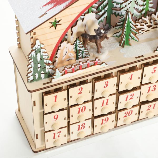 Calendário do Advento em Madeira com Luzes LED e 24 Gavetas Cena de Vila Decoração Natalícia 36x10x34 cm Madeira