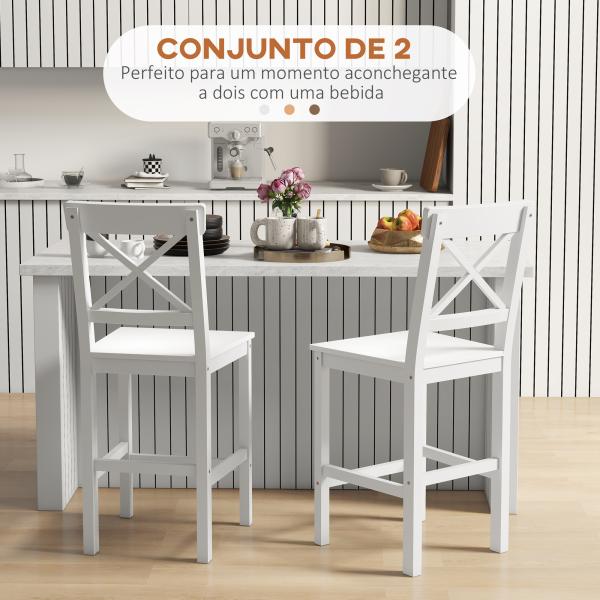 Conjunto de 2 Bancos Altos de Cozinha Bancos de Bar de Madeira com Apoio para os Pés e Encosto Cruzado Carga Máxima 120 kg Branco