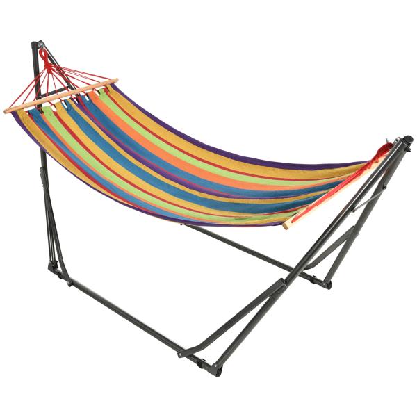 Cama Rede com Suporte Dobrável 2 em 1 Estendal com Barra Estrutura de Aço para Jardim 270x100x94 cm Multicolor