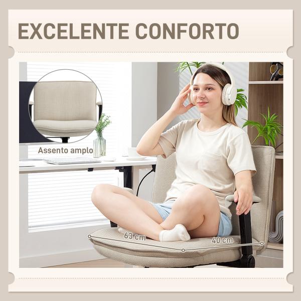 Cadeira de Escritório com Apoios de Braço Rebatíveis Assento Altura Ajustável Função Basculante 76x70x85 - 97 cm Creme