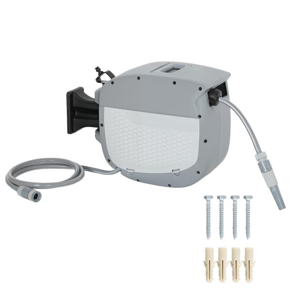 Carretel de Mangueira para Jardim 20+1,9 m com Bico de 2 Modos Bloqueio Automático e Retracção Suporte Orientável 180° Cinza