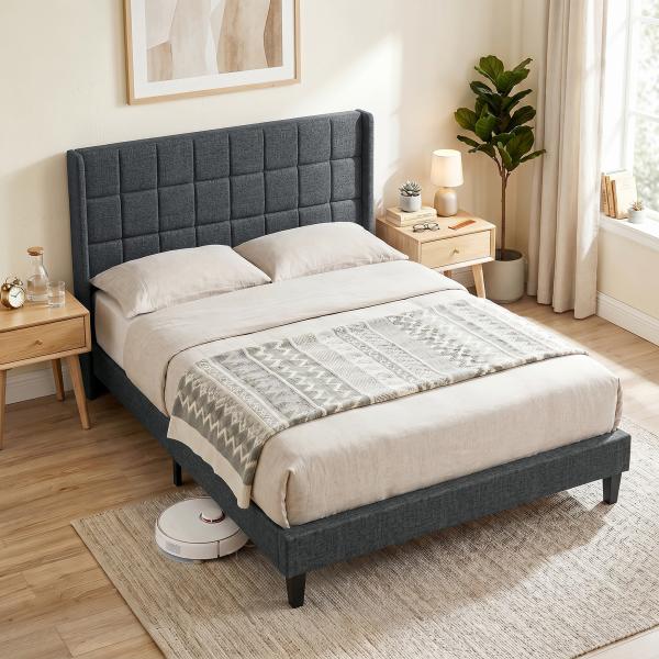 Cama de Casal 135x190 cm com Cabeceira Estofada com Laterais e Arrumação Inferior, Cinzento