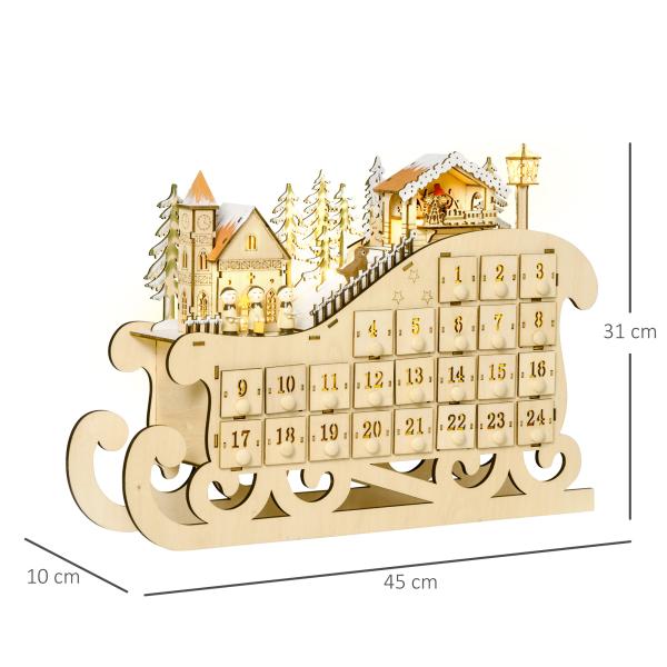 Calendário de Advento de Natal com Luzes LED e 24 Gavetas Decoração de Natal Modelo de Trenó 45x10x31cm Madeira Natural