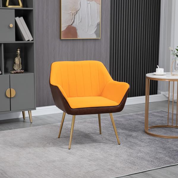 Poltrona de Sala de Estar Estofada em Couro Sintético e Veludo com Apoios para os Braços Pés Dourados 64x62x72,5 cm Amarelo
