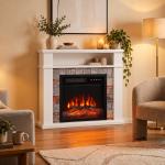Lareira Elétrica Decorativa 1800 W com Prateleira Efeito de Chama 5 Níveis de Brilho Termóstato Temporizador e Comando Branco