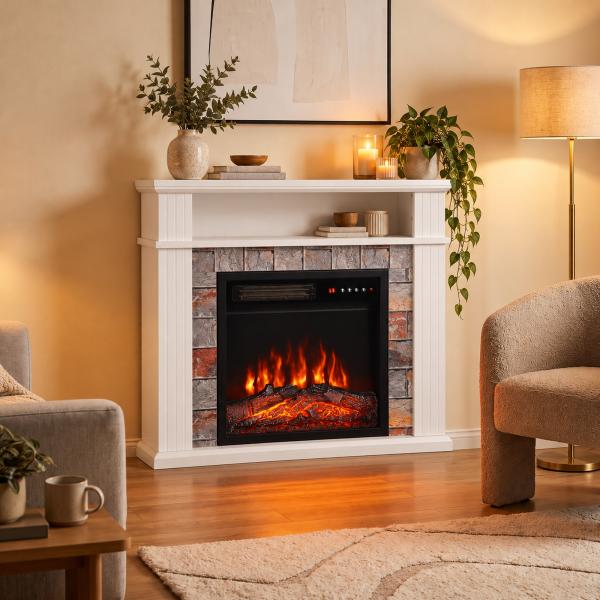 Lareira Elétrica Decorativa 1800 W com Prateleira Efeito de Chama 5 Níveis de Brilho Termóstato Temporizador e Comando Branco