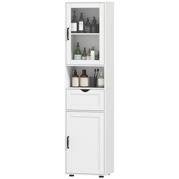 Coluna Casa de Banho com Porta de Vidro Prateleiras Ajustáveis Gaveta e Prateleira Aberta 40x30x165 cm Branco