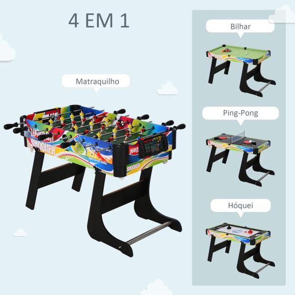 Mesa de Jogos Dobrável 4 em 1 Matraquilhos Hóquei de Mesa Bilhar Pingue - Pongue e Acessórios Incluídos 86,5x43,5x64 cm Multicor