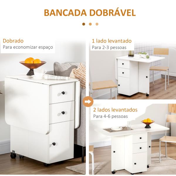 Mesa Dobrável c/ 2 Gavetas e Rodas para Jantar Mesa Auxiliar Multifuncional 120x60x76,5cm Branco