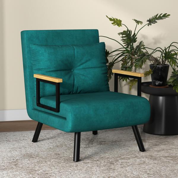 Poltrona Convertível em Cama Dobrável com Encosto Ajustável em 5 Níveis e Almofada Acolchoada Carga 120 kg 63x73x81 cm Verde