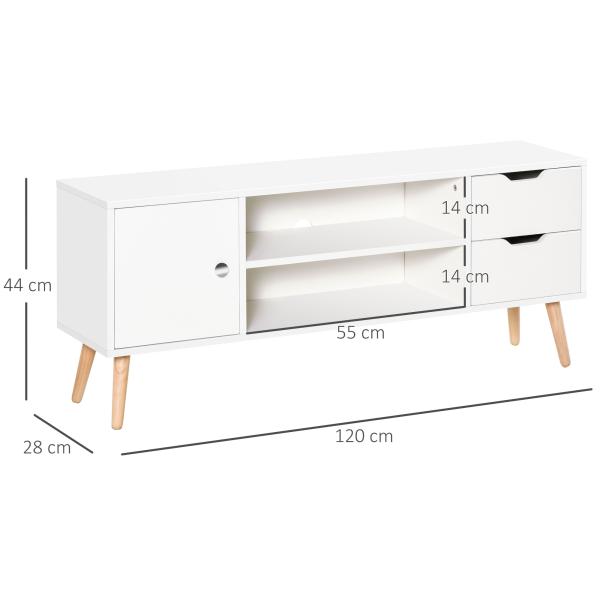Armário de TV Grande armazenamento com armário prateleiras e gavetas abertas Carga 30 kg 120x28x44 cm Branco