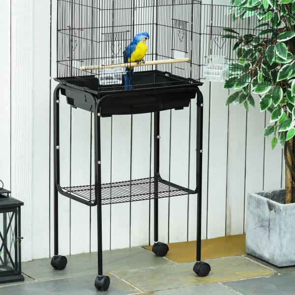 Gaiola para Passáros com Suporte Gaiola Metálica de Aves Canários com 4 Rodas Portas 4 Comedouros 3 Poleiros Bandeja Removível e Prateleira Inferior 46,5x36x157cm Preto