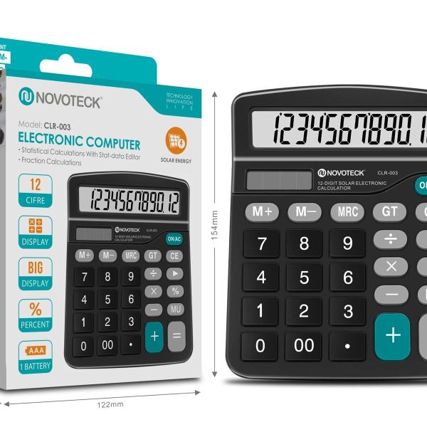 Calculadora Eletrônica Solar NOVOTECK CLR-003 com Display de 12 Dígitos e Energia Solar