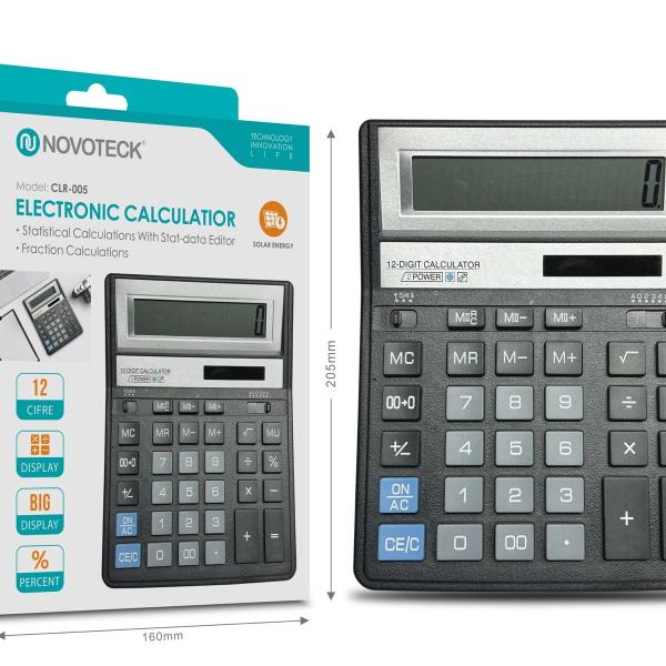 Calculadora Eletrônica de Mesa NOVOTECK CLR-005 - Display de 12 Dígitos com Funções Solares e Estatísticas