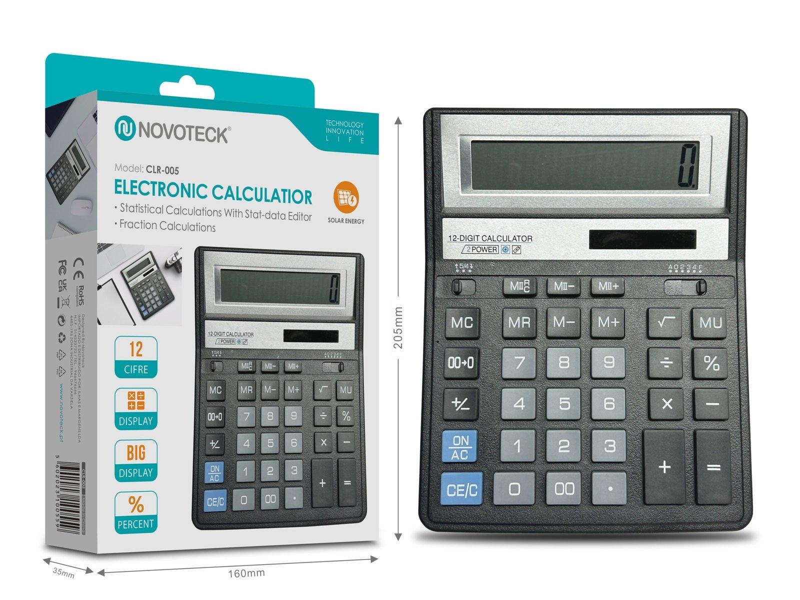 Calculadora Eletrônica de Mesa NOVOTECK CLR-005 - Display de 12 Dígitos com Funções Solares e Estatísticas