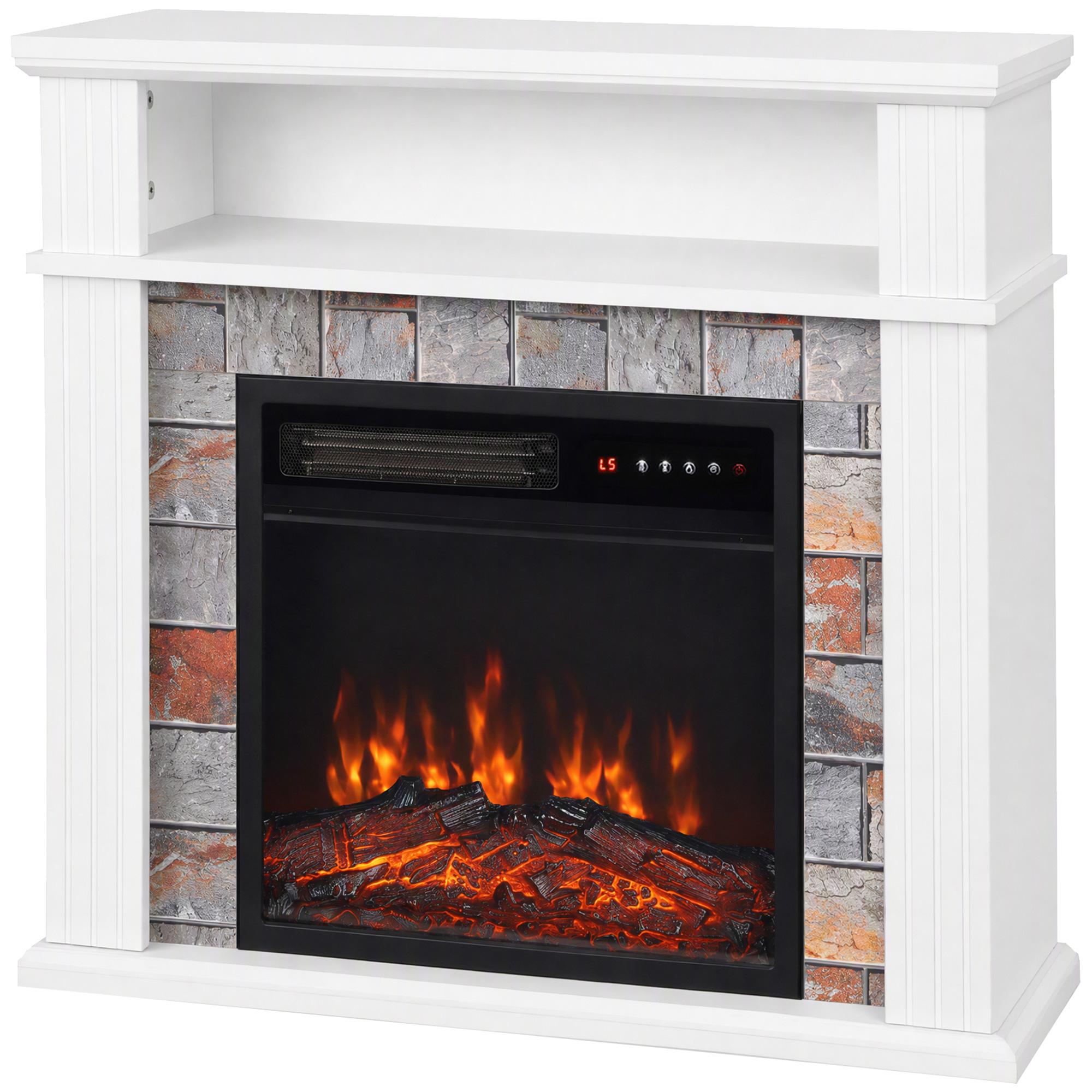 Lareira Elétrica Decorativa 1800 W com Prateleira Efeito de Chama 5 Níveis de Brilho Termóstato Temporizador e Comando Branco