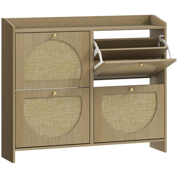Sapateira Estreita com 4 Portas de Vime Sapateira para Entrada com Prateleiras Ajustáveis para 16 Pares de Sapatos 104,5x24x88 cm Madeira