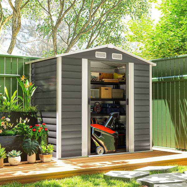 Abrigo de Jardim Exterior 2,36m² 213x120x194 cm com Base Reforçada (Piso NÃO Incluído) e Portas de Correr Cinza Escuro