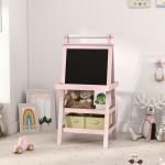 Cavalete de Pintura Infantil 3 em 1 Quadro Dupla Face com Rolo de Papel e Cestos de Arrumação Rosa
