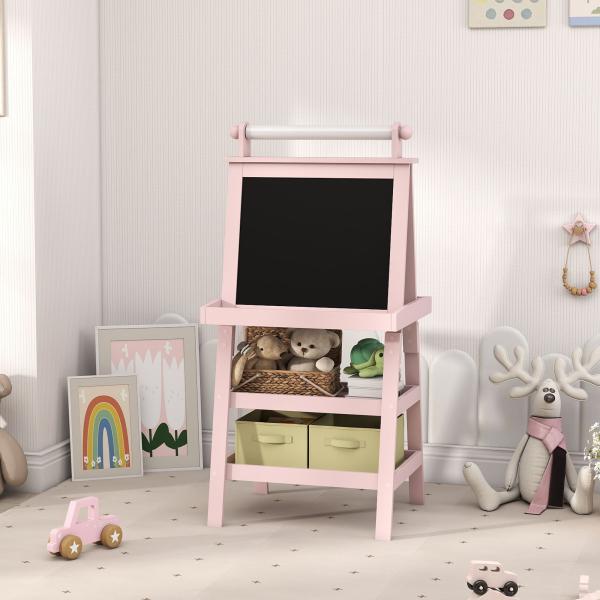 Cavalete de Pintura Infantil 3 em 1 Quadro Dupla Face com Rolo de Papel e Cestos de Arrumação Rosa