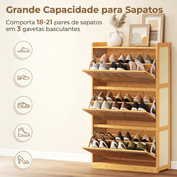 Sapateira com 2 Compartimentos Basculantes Sapateira Estilo Bohemio Estreita com Prateleiras Ajustáveis para 18 - 21 Pares de Sapatos 69x29x119,8 cm Madeira