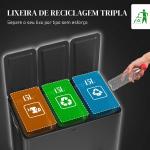 Papelera de Cozinha em Aço Inoxidável com 3 Compartimentos 3x15L com Pedais, Tampas de Fecho Suave e Balde Removível Preto
