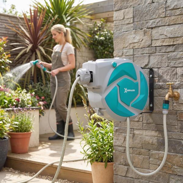 Mangueira Retrátil de Parede com Enrolador de 10+1 m com Enrolamento Automático e Bico de 7 Funções Gira 180°