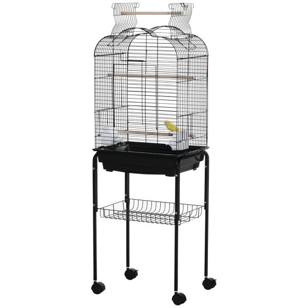 Gaiola para Passáros com Suporte Gaiola com 4 Rodas Teto com Abertura 2 Comedouros 3 Poleiros Bandeja Removível e Prateleira Inferior 46x36x130 cm Preto