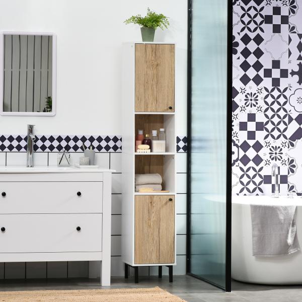 Coluna Casa de Banho Armário Alto Auxiliar de Casa de Banho com 2 Portas e 6 Prateleiras 31,5x30x169 cm Branco e Carvalho
