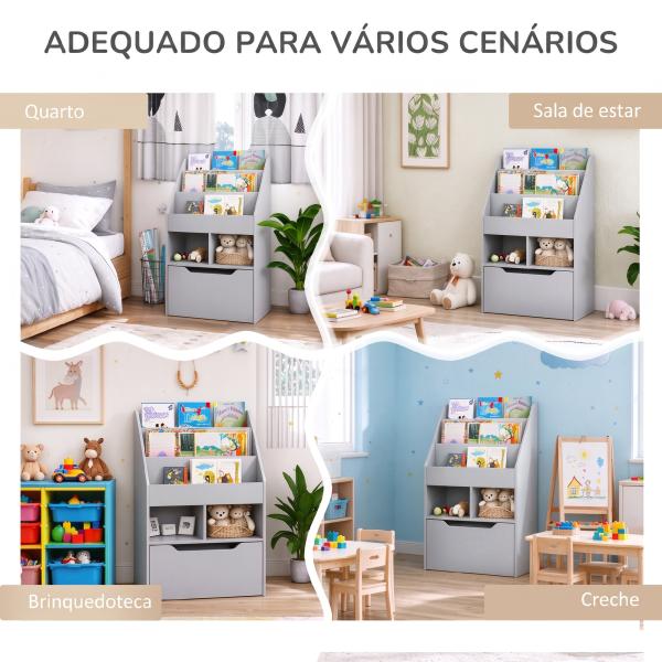 Estante de Madeira para Brinquedos com 3 Compartimentos 2 Prateleiras e Gaveta Móvel com 4 Rodas 60x29,9x90cm Cinza