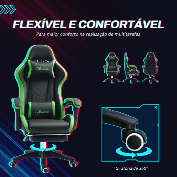 Cadeira Gaming Reclinável até 135° com Suporte Lombar Altura Ajustável Almofada de Cabeça e Apoio para os Pés Retrátil 65x65x121 - 129 cm Preto e Verde