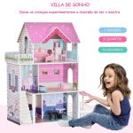 Casa de bonecas 3 andares com Pátio Mobília acessórios Madeira 86x30x87 cm Rosa