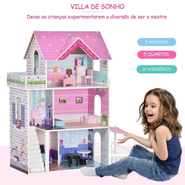 Casa de bonecas 3 andares com Pátio Mobília acessórios Madeira 86x30x87 cm Rosa