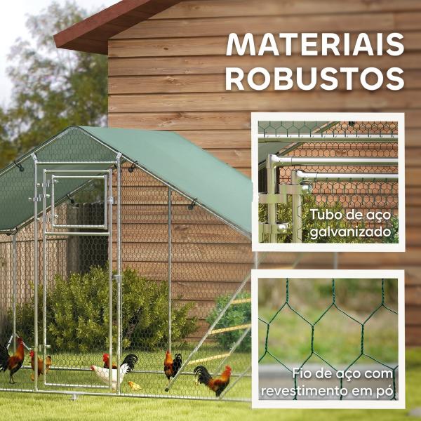 Galinheiro para Exterior 3x2 m Galinheiro de Aço Galvanizado com Comedouro Suspenso Tipo Espeto Poleiro Anti - UV Prata