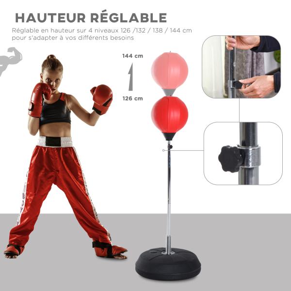 Saco de Boxe de Pé Punching Ball com Altura Ajustável em 4 Níveis Base Preenchível e Luvas Ø43x126 - 144 cm Vermelho e Preto