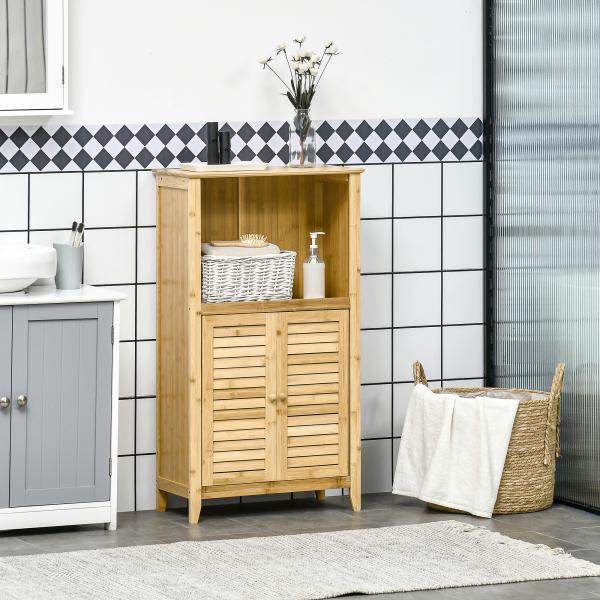 Armário Auxiliar Casa de Banho de Bambu com 2 Portas Compartimento Aberto e Prateleira Ajustável 50x25,5x92 cm Madeira
