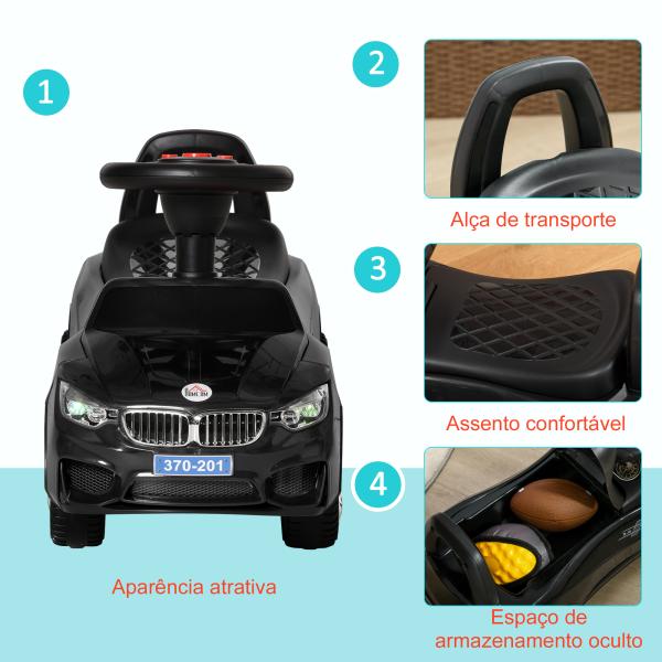 Carro Andador para Crianças com Faróis Música Buzina Volante Compartimento de Armazenamento 63,5x28x36 cm Preto