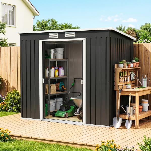 Abrigo de Jardim 213x130x173 Abrigo de Exterior de Aço Galvanizado com Porta Corredeira para Armazenamento Cinza Escuro