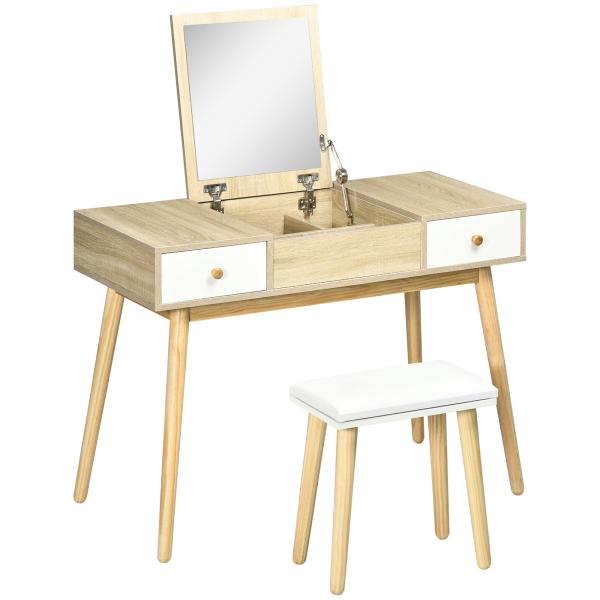 Toucador com Espelho Dobrável Mesa de Maquilhagem com Banco Compartimentos e Gavetas 100x45x118cm Madeira e Branco