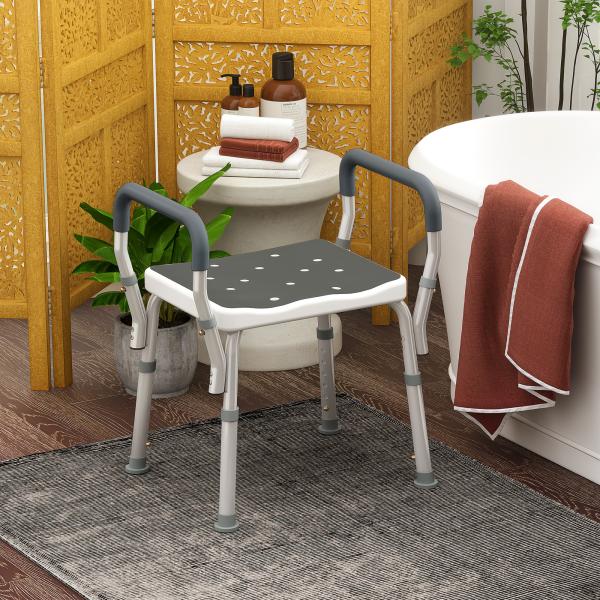 Banco de Duche com Altura Ajustável Banco de Duche de Alumínio Antiderrapante para Idosos e Descapacitados 52x45x57 - 69 cm Cinza
