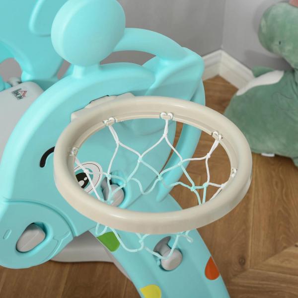 Escorrega Infantil Dobrável com Cesta de Basquetebol para Crianças acima de 18 meses Modelo Girafa para Interiores e Exteriores 140x87x75cm Azul e Cinza