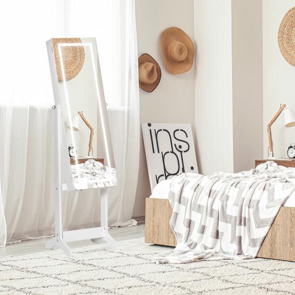 Joalheiro de Pé Armário para Jóias com Fita de Luz LED e Fechadura Magnética Organizador de Jóias com Prateleiras Ranhuras para Anéis Brincos 46x36,5x151,5cm Branco