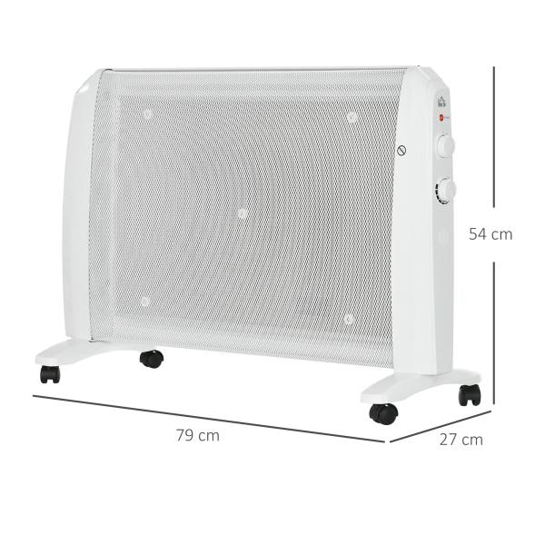 Aquecedor Elétrico 1000W/2000W Aquecedor de Mica com 2 Níveis de Potência e Termostato Regulável 79x27x54 cm Branco